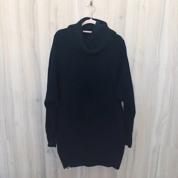 Banana Republic Women Tunic Sweater XL Black Cowl Neck Ribbed Heavy Knit Classic