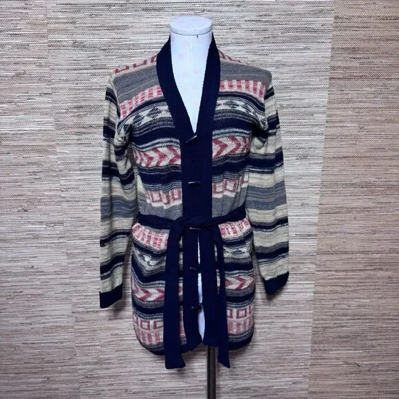Vintage 1970s Aztec Style Acrylic Collageman Belted Cardigan Western Boho Size S
