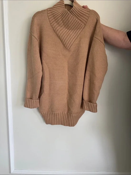 Women's Ribbed Cowl Neck Sweater - Camel/Tan