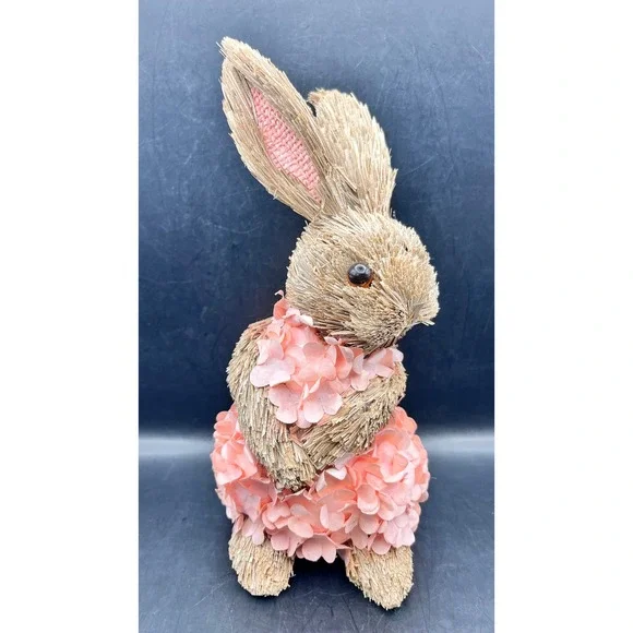 Natural Sisal‎ Straw Easter Bunny Figurine Pink Floral Dress 10