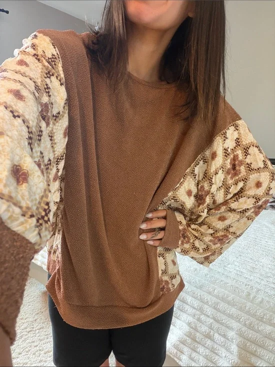 gimmicks by BKE Brown Crewneck Sweater with Cream Floral Patchwork Sleeves