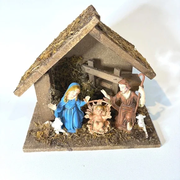 Vintage Made in Italy Nativity Set Wooden Manger Creche Holy Family Christmas