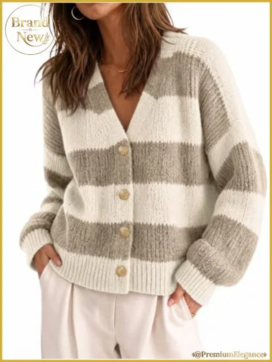 Striped Open Front Cardigan Sweater V Neck Batwing Sleeve Knit