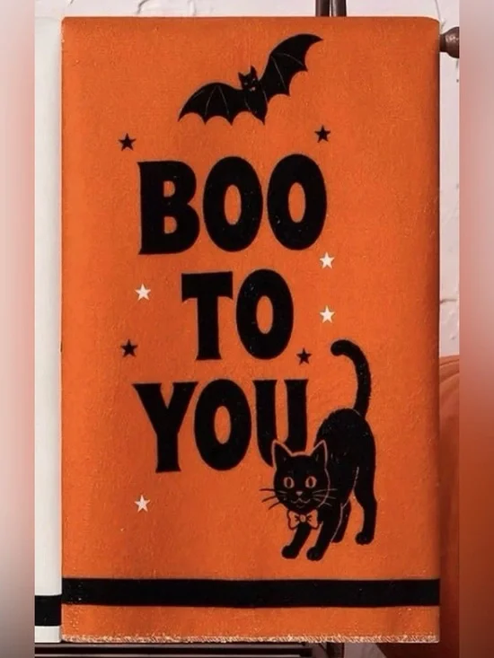 Orange 'Boo To You' Halloween Black Cat Hand  Towel