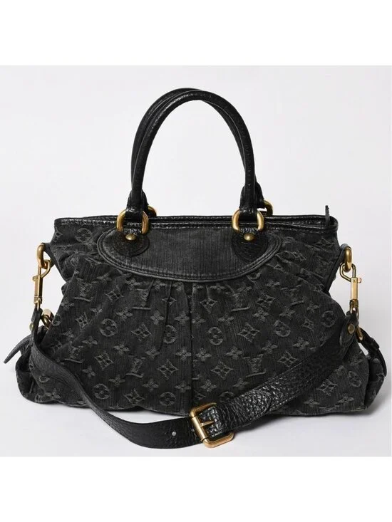 Louis Vuitton Shoulder Bag Slightly Monogram Denim Black Gold