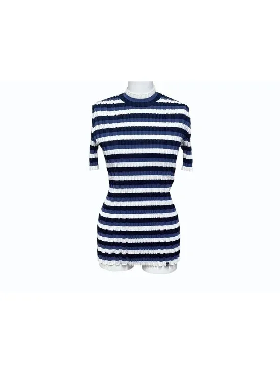 Louis Vuitton Border Rib Knit Short Sleeve Top Blue White Sweater