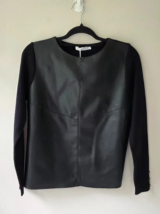 Sioni Mixed Media Faux Leather Knit Long Sleeve Sweater | S | Black Buttons NEW
