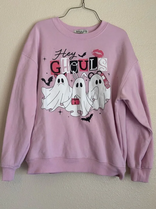 Wound Up Light Pink 'Hey Ghouls' Graphic Crewneck Sweatshirt