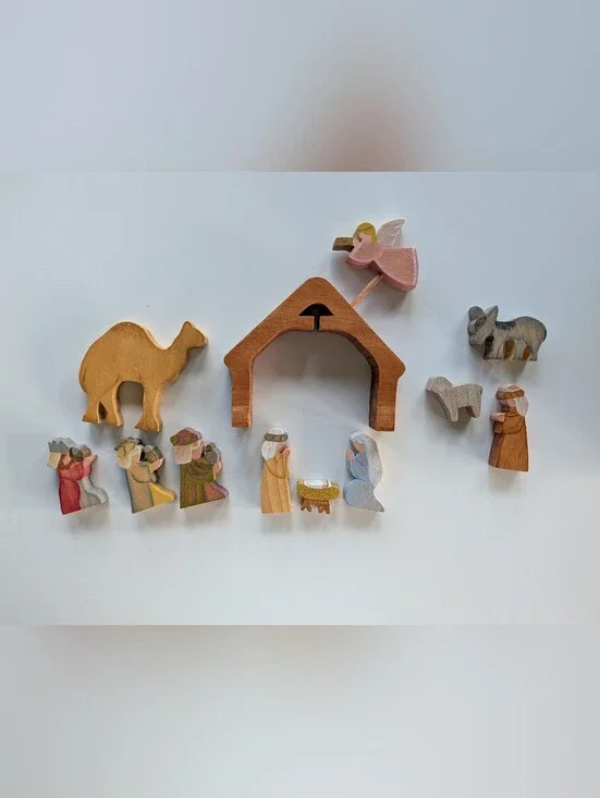 Vintage Wooden Christmas Nativity Scene Country Cottage Pastel