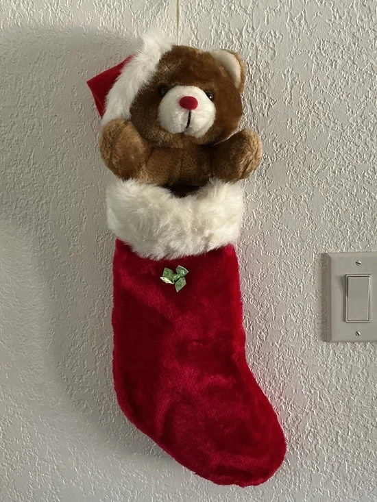 Vintage Teddy Bear Plush Christmas Stocking with Red Nose by Romeris Luvable