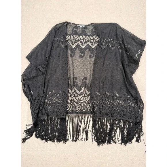 Charlotte Russe Black Lace Fringe Kimono Wrap Open Front Cardigan Small Boho