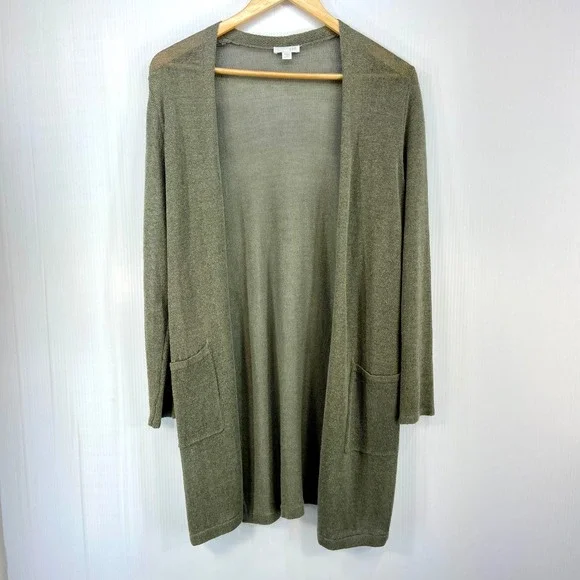 J Jill Moss Green Linen Blend Long Open Cardigan Sweater Womens Small‎ Petite