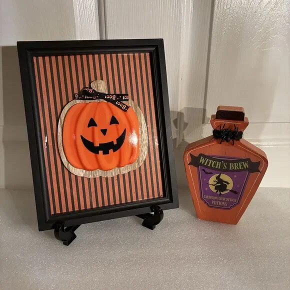 Halloween Jack-O-Lantern On Frame Stripes & Witch’s Brew Wood Potion Bottle