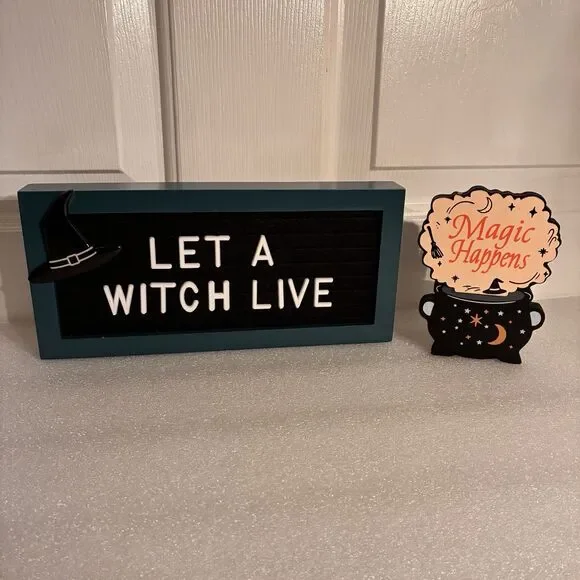 Halloween Block Set W/ Saying LET A WITCH LIVE and A Cauldron W/ MAGIC HAPPENS.