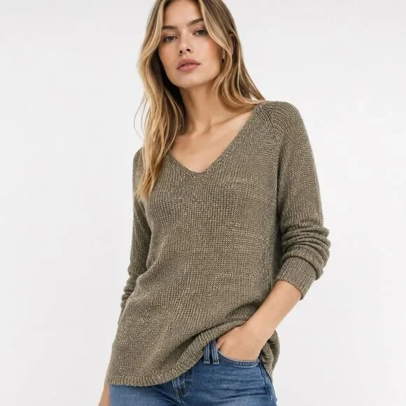Metallic Olive Green V Neck Sweater Soft Grunge Shimmer Knit Brave Soul Indie M