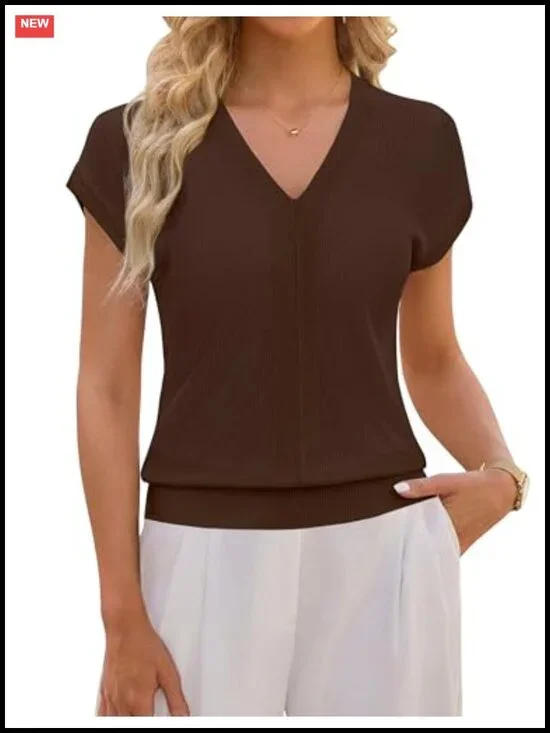Women's V-Neck Cap Sleeve Knit Pullover Sweater - Soft Lightweight 100% Lyocell