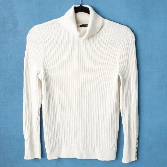 Talbots Petites Medium Women's Ivory Ribbed Turtleneck Sweater Gold Button Cuffs