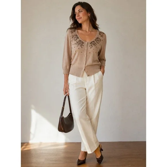 Sigrid Olsen Silk Cashmere Beaded Cardigan XL Romantic Coquette Quiet Luxury