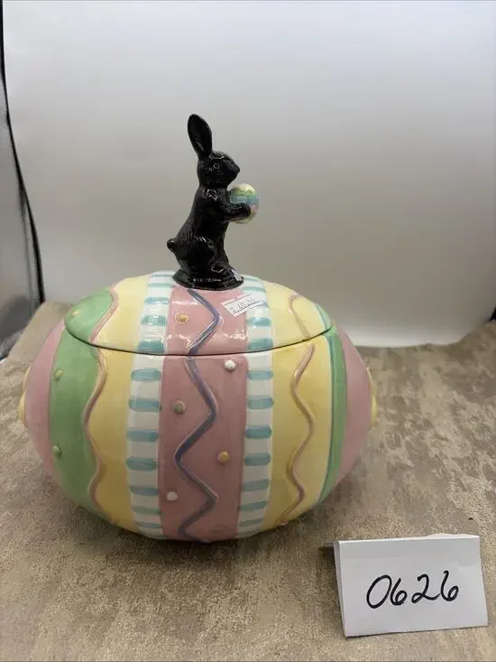 Home Interiors Easter Egg Cookie Jar Pastel Chocolate Bunny on Lid