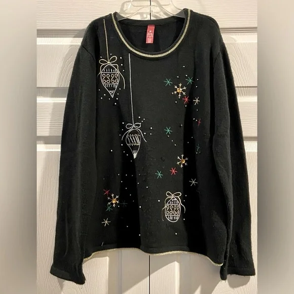 Ugly Christmas Sweater Black Sequin Gold Tone Beading  Ornaments Sz XL Dressy