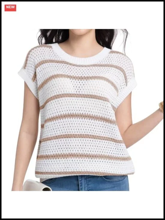 Women's Sweater Vest Striped Short Sleeve Crew Neck Knit Cotton Blend Layering