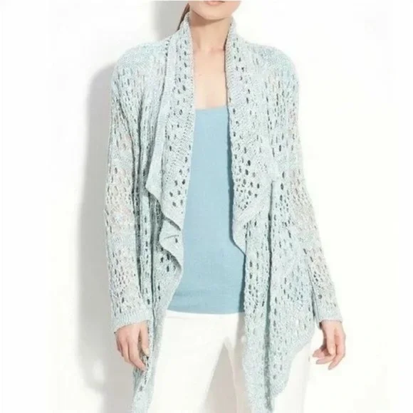 St John Designer Luxury Women’s Pale Blue Open Crochet Knit Waterfall Cardigan M