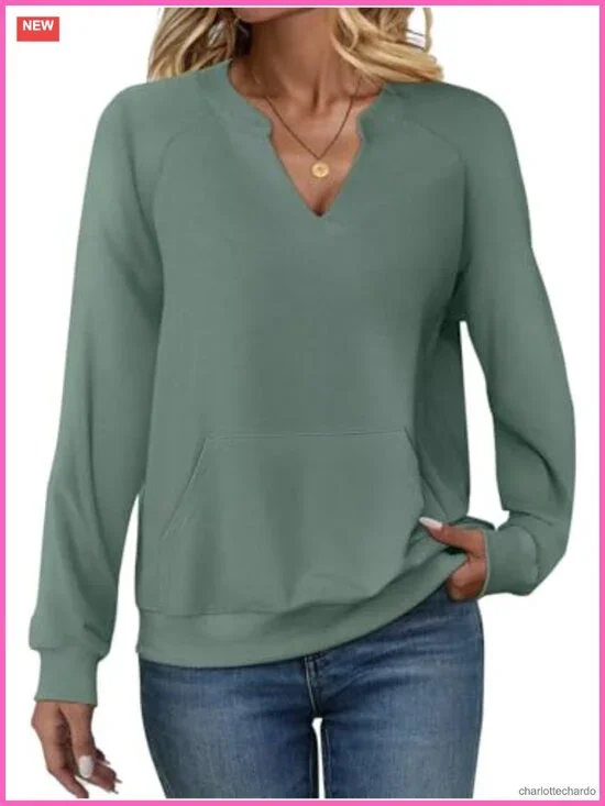 Cozy Fleece V-Neck Sweatshirt with Kangaroo Pocket Long Sleeve Pullover