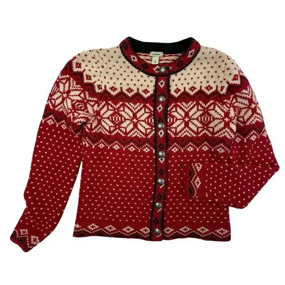 LL Bean Fair Isle Cardigan Sweater Small Lambswool Snowflake Nordic Gorpcore
