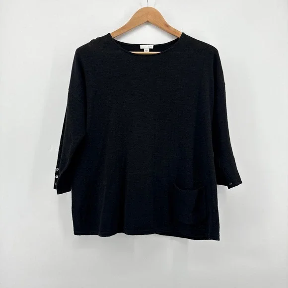 J.Jill Black 3/4 Sleeve‎ Linen Cotton Blend Knit Sweater Top Womens Size Small