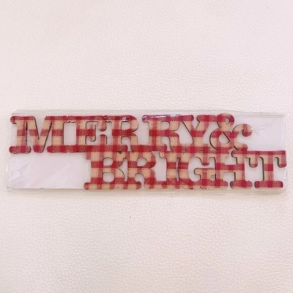 Merry & Bright Word Script Christmas Sign 9.5x2.5 Red Wood Cutout Holiday Decor