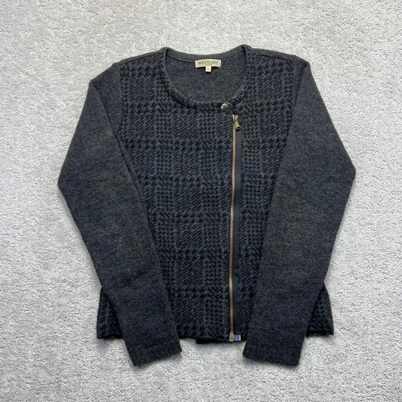 Maryline Cardigan Sweater Womens S Gray Houndstooth Asymmetrical Zip Wool Blend