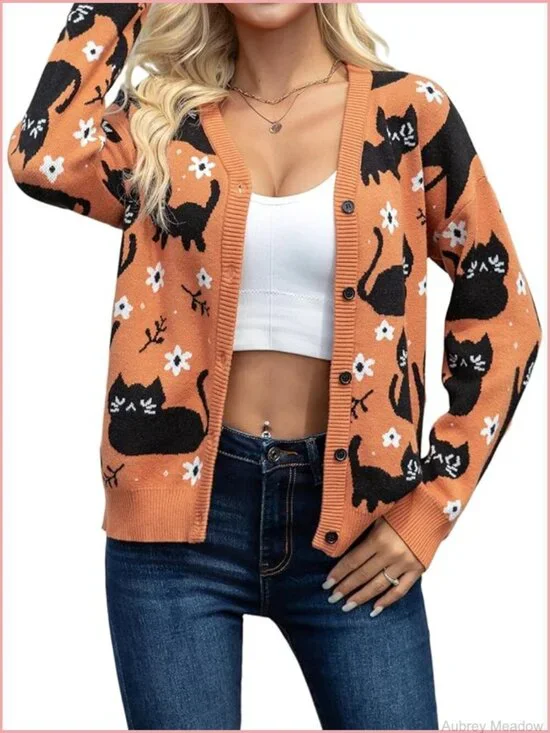 Knit Cat Cardigan Sweater Button Down V Neck Fall Winter Open Front