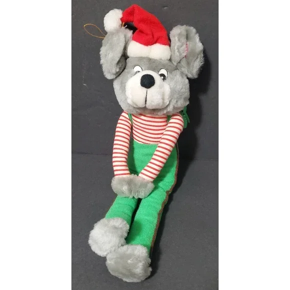 VINTAGE Christmas Knee Hugger Long Leg Mouse Plush Striped‎ Shirt Santa Hat