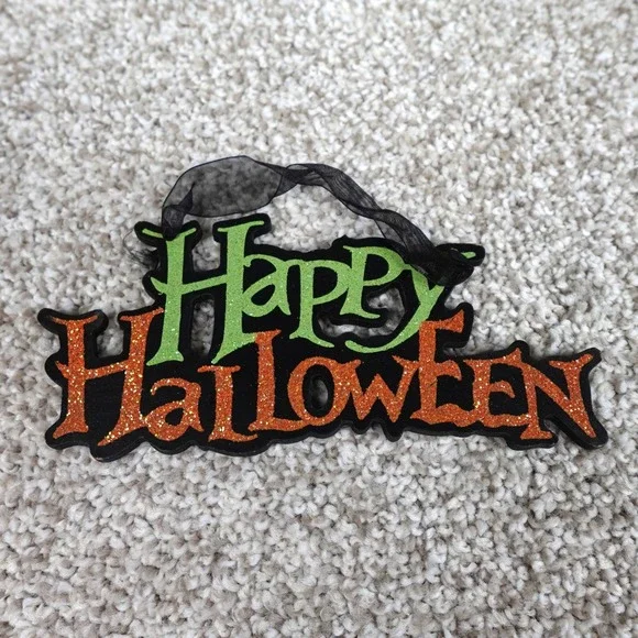 Happy Halloween Glitter Wood Sign Glitter‎ Orange Green Black Ribbon