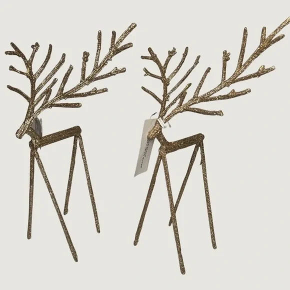 Set of 2 Gold Glitter Reindeer Figurines Tall Branch Antlers Christmas Decor