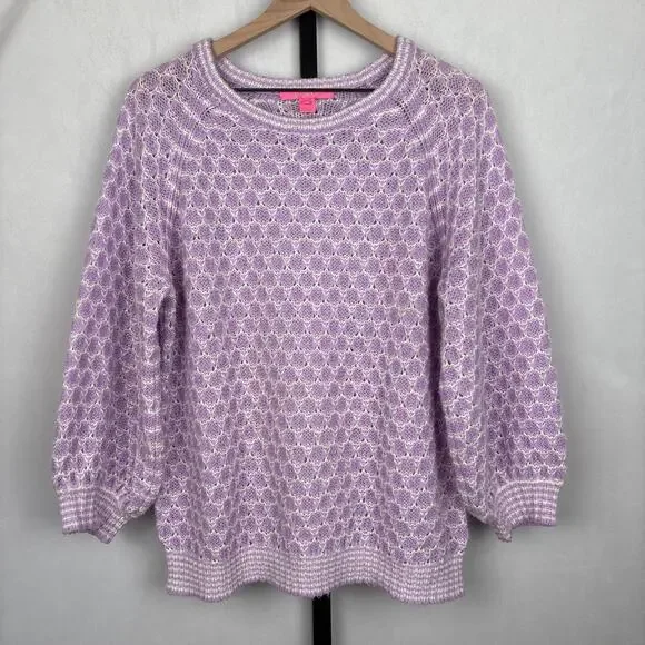 Lilly Pulitzer Lavender & White Open Knit Crewneck Sweater XL