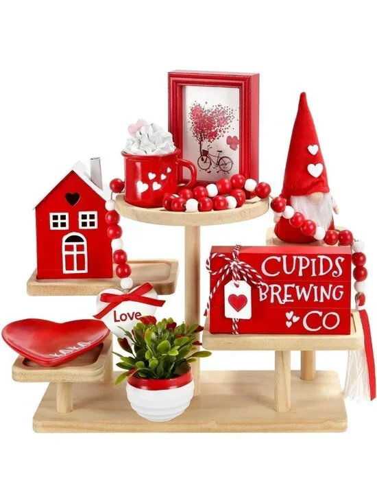 Charming Valentine's Day Home Office Decor Set - 8 PCS Tiered Tray Decorations