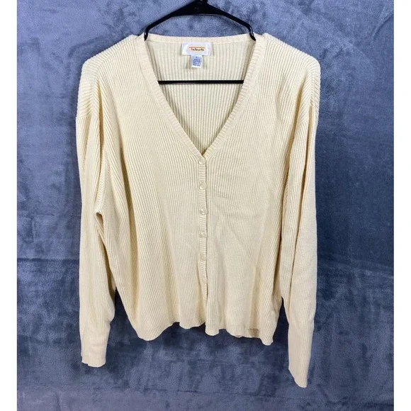 Vintage Talbots Cardigan Sweater Large Yellow All Cotton Button Up Tight Knit