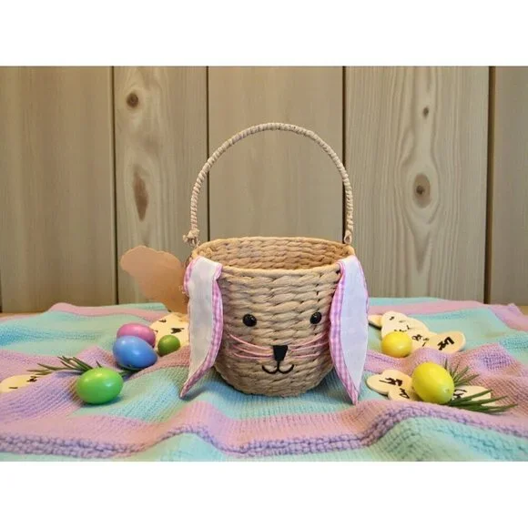 New Large Farmhouse Woven Rattan Pink Bunny Easter Basket W/ Ears Kids Girl