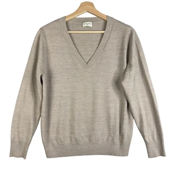 Paloma Size MP Beige V Neck‎ Merino Wool Sweater Lightweight Classic Basic