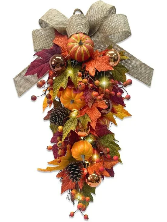 24” Pre-Lit Fall Teardrop Swag - LED Lights, Pumpkins, Maple Leaves & Burlap Bow