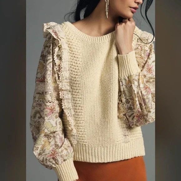 Anthropologie Printed Sleeve Ruffle Sweater Top Long Sleeve Women's Small