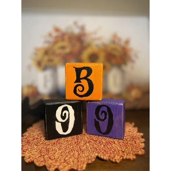 Halloween Decor BOO Wooden Block Handmade Set Primitive Farmhouse Tiered Rustic