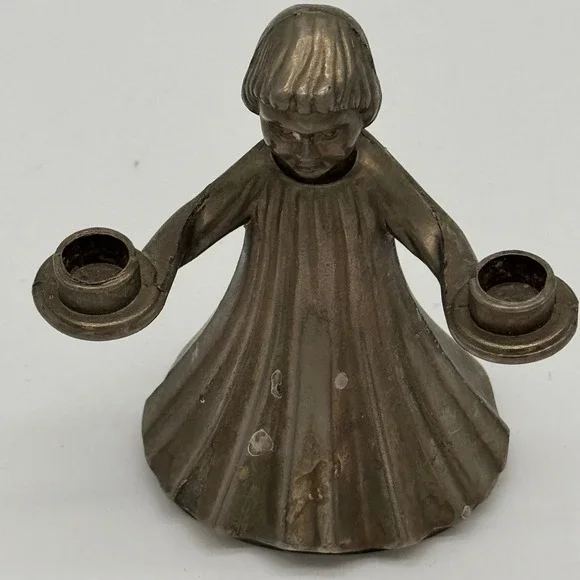 Vintage Metal Choir Boy Candle Holder Double Small Taper Silver Plated 3.5