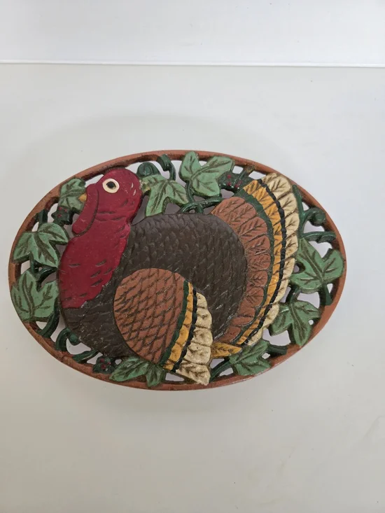 Vintage Painted Cast Iron Turkey Trivet Wall Plaque - Brown, Red, Green, Gold