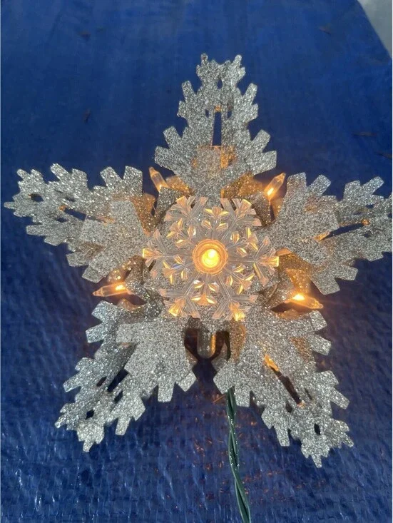 Christmas Tree Topper Silver Glitter Snowflake Star Lighted Christmas Ornament