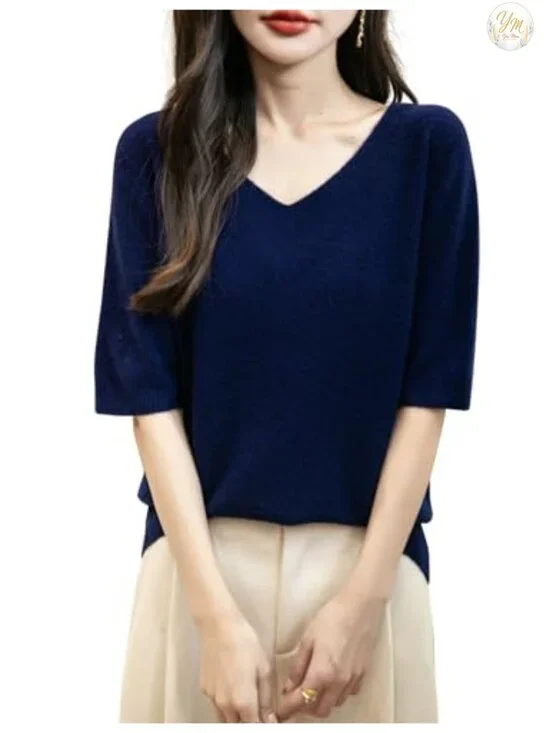 100% Merino Wool Seamless Knit V-Neck Short Sleeve Sweater