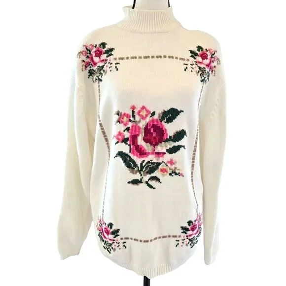 Vintage 90s Morsly Knit Sweater Cross Stitch Rose Print Cottagecore Size Medium