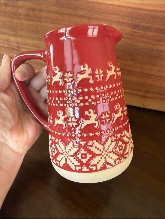 Red Reindeer Snowflake Ceramic Pitcher Christmas Fair Isle Holiday Decor