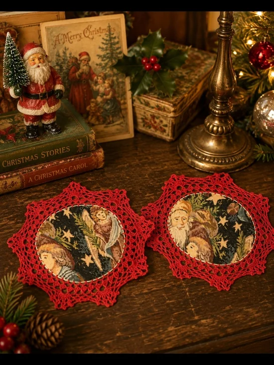Vintage-Inspired Red Crochet Christmas Coasters Handmade